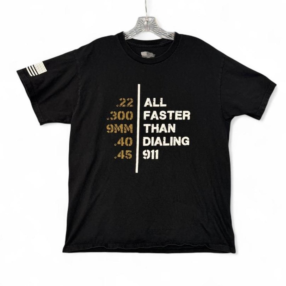 Faster Than Dialing 911 Pro 2A Gun Rights T-Shirt Black USA Flag | Mens Large